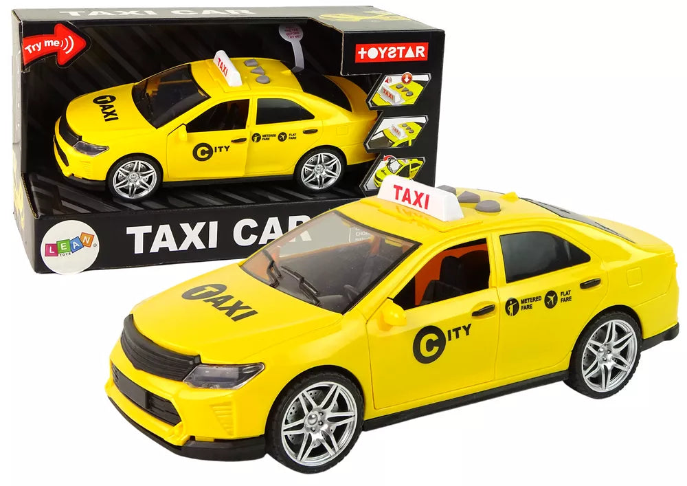 Geltonas taksi automobilis su šviesomis ir garsais